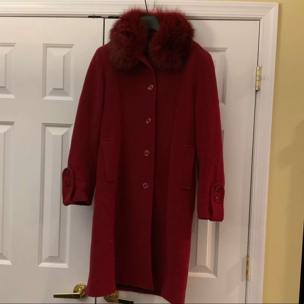 Nicole Miller Red Real Fox Fur Collar Dark Red Wool Knee Length Pea Coat